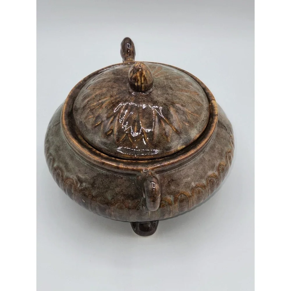 Vintage Studio Pottery Lidded Bowl Covered‎ Dish on Feet Brown Green Glaze 7
